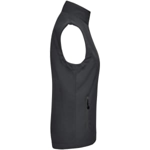 A ladies' softshell vest in black with a zippered side pocket and no sleeves. Features a logo on the fabric.