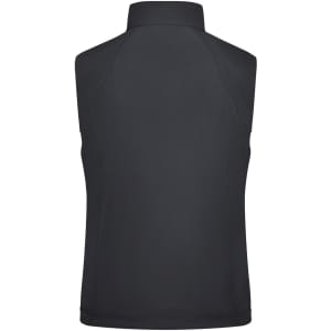 A black ladies softshell vest with a high collar and sleeveless design, featuring branding on the back.