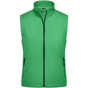 A green ladies softshell vest with a zip front and side pockets, featuring logos.