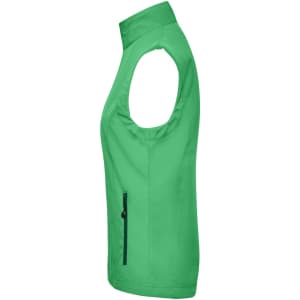 A green ladies softshell vest featuring a sleeveless design and a zippered side pocket. It includes a logo.