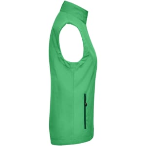 A green ladies softshell vest featuring a side zip pocket and no sleeves. The vest has a small logo.
