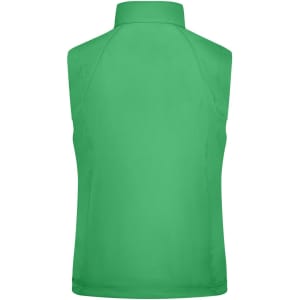 A green ladies softshell vest with a high collar and sleeveless design, featuring a logo on the back.