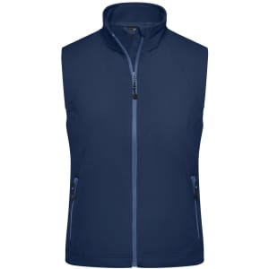 A navy softshell vest featuring a zip front and two side pockets, with an additional logo on the fabric.