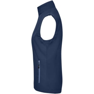A navy blue ladies softshell vest with a side view, featuring a zip pocket and a brand logo.