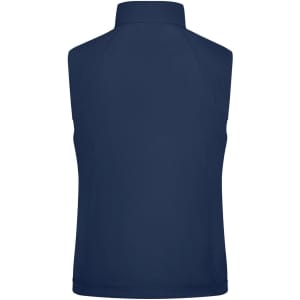 A navy softshell vest with a high collar and no sleeves, featuring a logo.