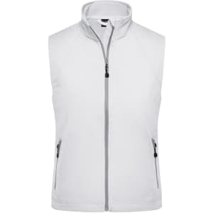 A softshell vest in white with a high collar and zippered pockets, featuring a logo on the chest.