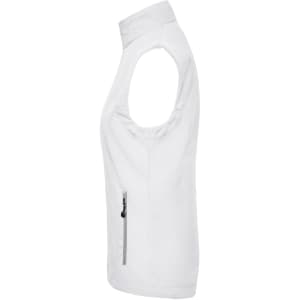 A white ladies softshell vest featuring an armhole design and a side zip pocket, with a logo present.