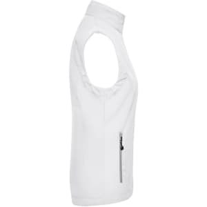A white ladies softshell vest featuring a zippered pocket and sleeveless design. It has a logo on the front.