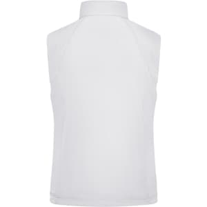 A white ladies softshell vest with a collar, featuring a rear view and a branding logo.