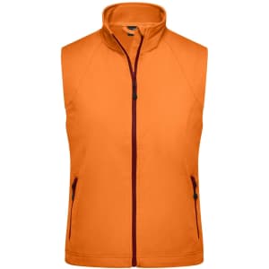 An orange ladies softshell vest featuring a zip front and two zippered pockets, with a collar and branding.