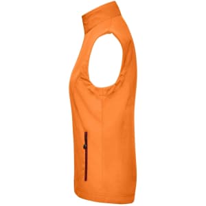An orange ladies softshell vest with a high collar and a side zip pocket. It features a branding logo.