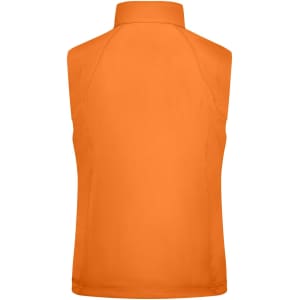 A ladies' softshell vest in orange, featuring a sleeveless design and a collar, with a logo on the back.