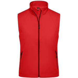 A red ladies softshell vest with a front zipper and two side pockets. It features a collar and has a logo.