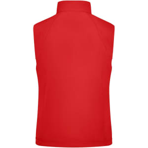 A red ladies softshell vest with a high collar, featuring a back view. Includes a logo.