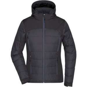 A black hybrid jacket featuring a zip front, two zippered pockets, and a hood, with a logo on the chest.