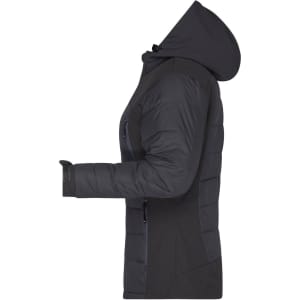 A black hybrid jacket with a hood, featuring padded sections and a side view showcasing its design and fit.