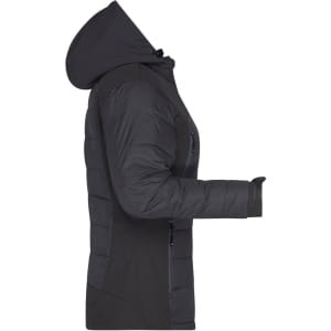 A ladies' outdoor hybrid jacket in black with a hood and soft shell construction, featuring a logo.