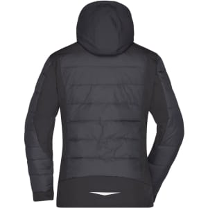 A ladies' outdoor hybrid jacket featuring a hood, primarily in black with padded sections. It has a logo on the back.