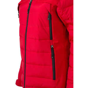 A red ladies' outdoor hybrid jacket featuring side zip pockets and a soft shell design. The jacket has a branding logo.