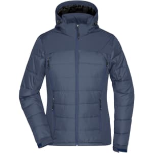 A navy blue ladies' outdoor hybrid jacket featuring a hood, zippered pockets, and a soft shell design.