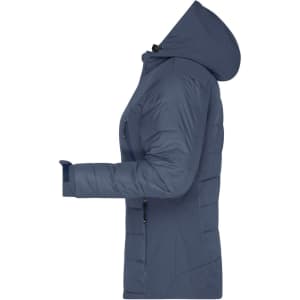 A navy blue ladies outdoor hybrid jacket with a hood and soft shell design, featuring a logo.