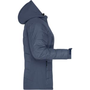 A ladies soft shell jacket in navy blue with a hood and side zip pockets. Features a sleek, fitted design.