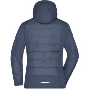 A navy blue ladies' outdoor hybrid jacket with a hood, featuring a quilted design and a logo on the back.
