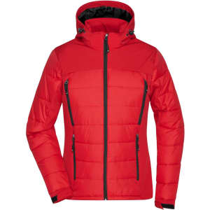 A red ladies' soft shell jacket featuring a hood and zippered pockets, designed for outdoor use.