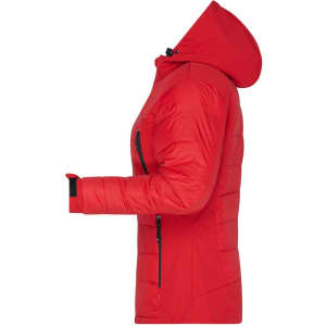 A red soft shell ladies' outdoor hybrid jacket with a hood and zippered pockets, featuring a logo on the chest.