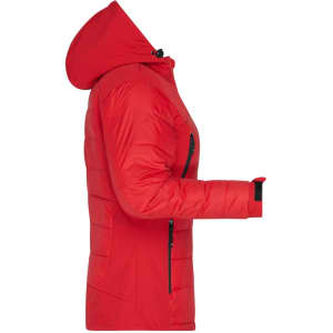 A red ladies' outdoor hybrid jacket featuring a hood and zipped pockets. The jacket has a fitted silhouette and soft shell material.