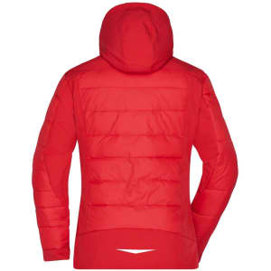 A red ladies outdoor hybrid jacket with a hood, featuring a soft shell design and quilted back.