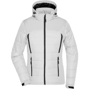 A ladies’ soft shell jacket in white with black zippers and accents, featuring a hood and quilted design.