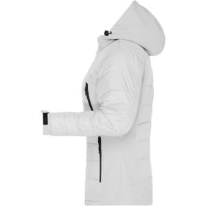 A light grey soft shell jacket with a hood, featuring zippered pockets and a fitted design. It has a logo on it.