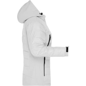 A ladies' outdoor hybrid jacket in white with a hood, featuring side zippers and a branding logo.