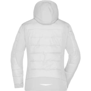 A soft shell jacket in white, featuring a hood and a quilted design on the back. It has a logo on the fabric.