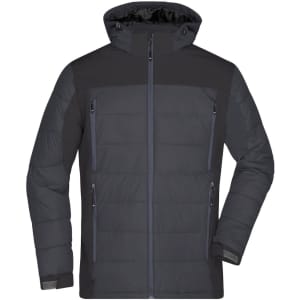 A men's outdoor hybrid jacket in dark grey with a hood and multiple zippered pockets, featuring a logo.