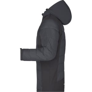 A men's outdoor hybrid jacket in dark grey, featuring a hood and soft shell design. Includes a logo on the sleeve.