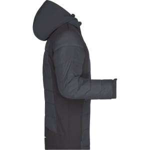 A men's outdoor hybrid jacket in dark grey, featuring a hood and soft shell design. It has a logo on the front.