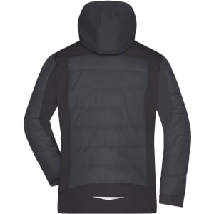 A soft shell men's outdoor hybrid jacket in black, featuring a hood and padded back design. Includes a logo.