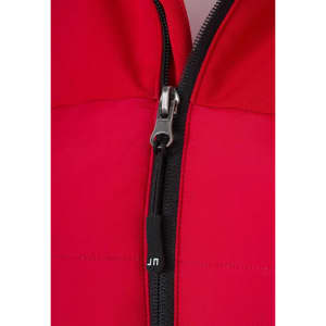 A red soft shell jacket featuring a front zip and a branding logo.
