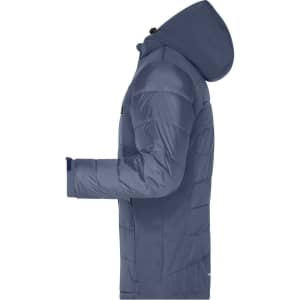 A men's outdoor hybrid jacket in navy blue with a hood, featuring a soft shell design and a side view.
