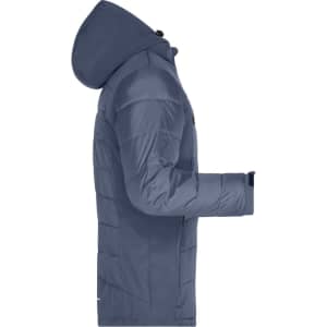 A men's outdoor hybrid jacket in a dark blue colour, featuring a hood and side profile view. Logo present.