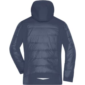 A navy blue men's outdoor hybrid jacket featuring a hood and puffer-style back design, with a logo on the sleeve.