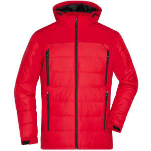 A red men's outdoor hybrid jacket featuring a hood and multiple zippered pockets, with black accents.