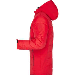 A red men's outdoor hybrid jacket with a hood and side zip pockets, featuring a logo.