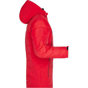 A red men's outdoor hybrid jacket with a hood, featuring a soft shell design and multiple zippered pockets.