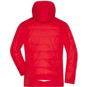 A red men's outdoor hybrid jacket with a hood, featuring a soft shell design and puffy panels on the back.
