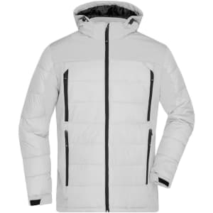 A light grey men's outdoor hybrid jacket with black zippers and a hood, featuring multiple front pockets and a soft shell design.
