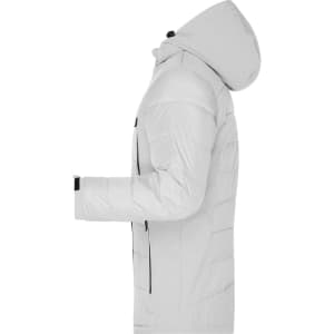 A white men's outdoor hybrid jacket with a hood and zippered pockets, featuring a logo on the chest.