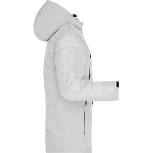 A light grey men's outdoor hybrid jacket with a hood, featuring a sleek design and a logo on the sleeve.